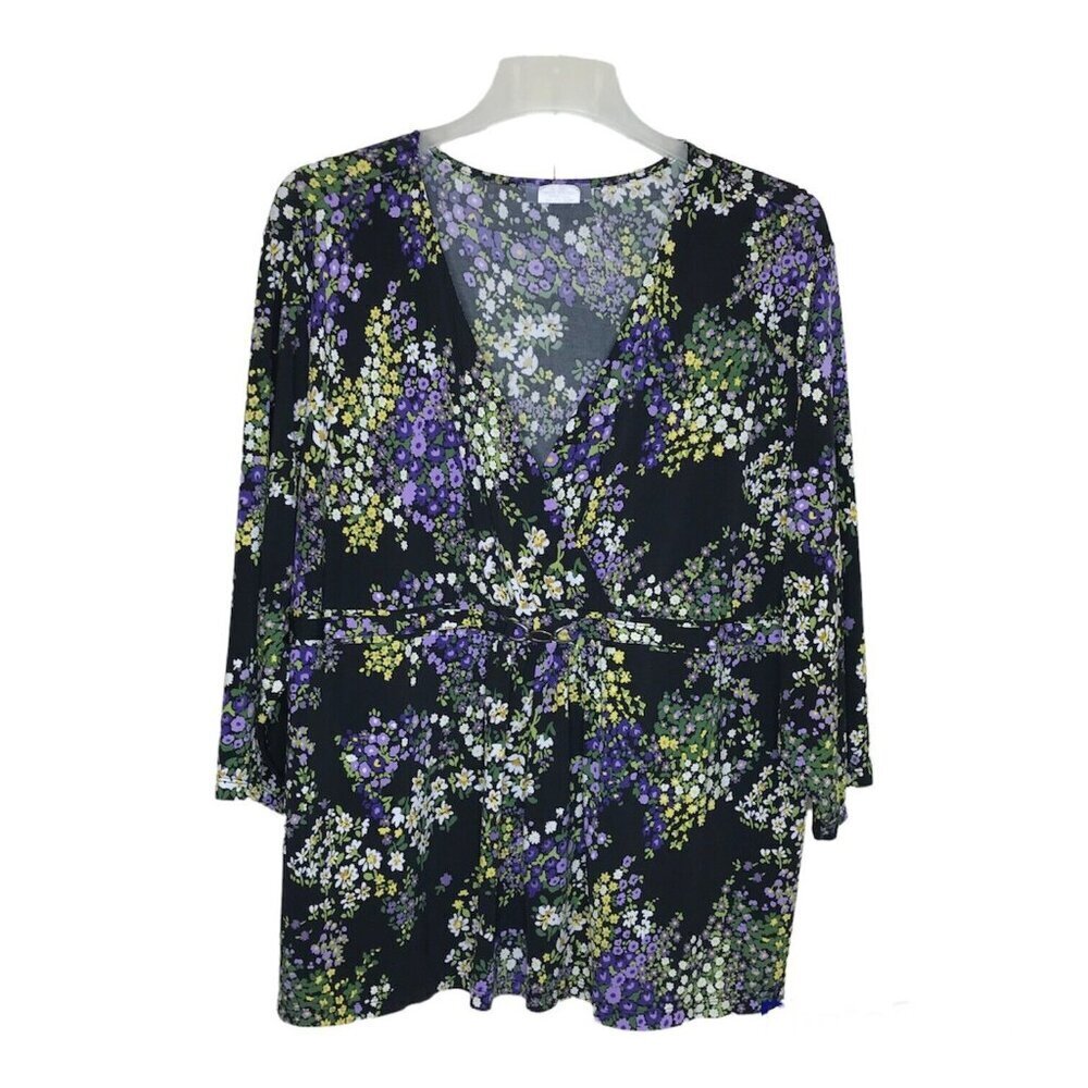 CASS Womens Tunic Top Size 26/28W Surplice Bodice‎ Black Floral Stretch 3/4 Slv
